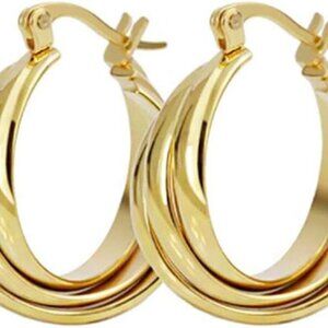Wide 14K Gold-Plated Stainless Steel Hoop Earrings for Sensitive Ears, Chunky Mo
